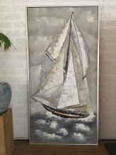 Groot olieverf doek van een zeilschip in mooie kleurstelling in alu lijst